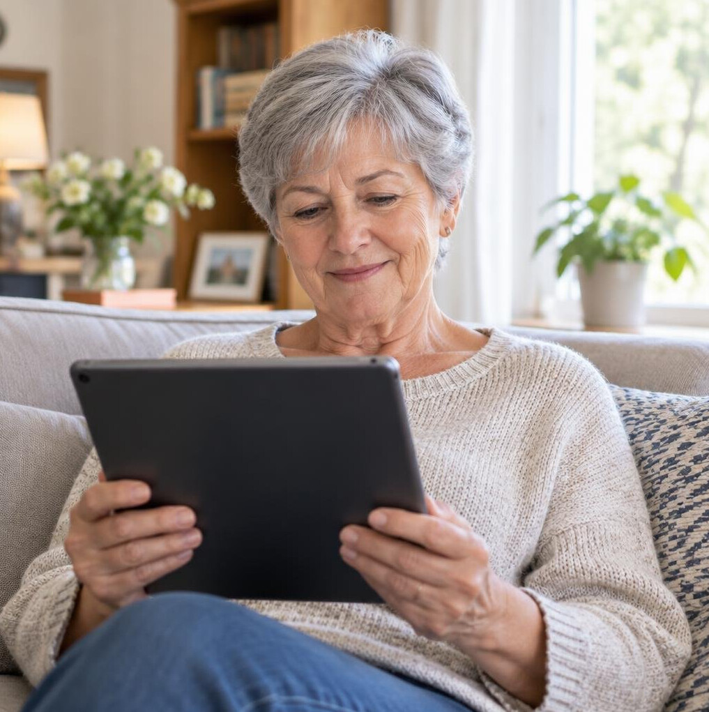 Elderly woman reading large text on a tablet at home