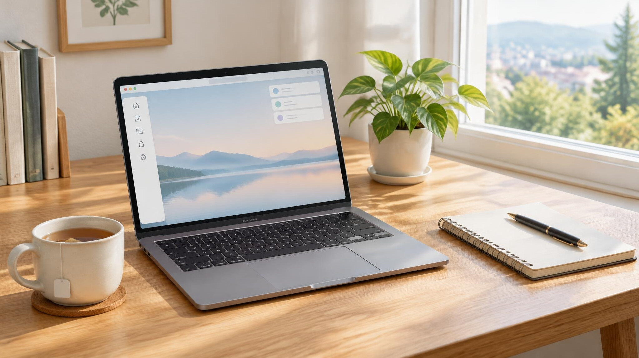 Tidy desk with laptop showing a clean minimal screen and a cup of tea