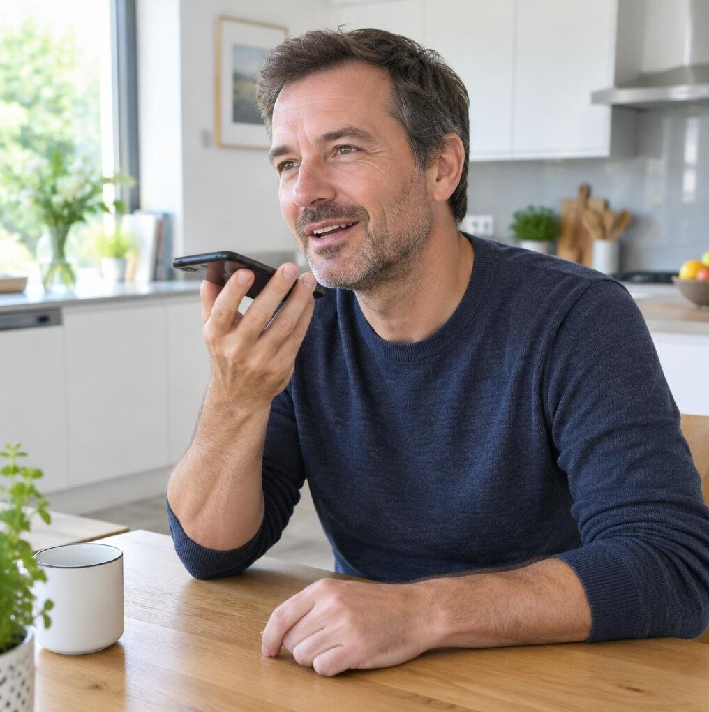 Man speaking to a smartphone using voice assistant
